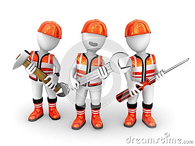 3d builders with tools. Cartoon Illustration