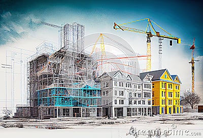 3D buildings emerging form architectural drawings made with Generative AI. Architecture dreams and ambitions concept. Unleash Stock Photo