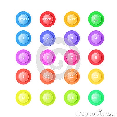 3d bullet point vector illustration set - isolated bright colorful round pointers with numbers from 1 to 15 and start Vector Illustration