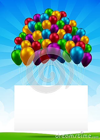 3D Colorful group of balloon with blank paper over blue sky and green field 001 Cartoon Illustration