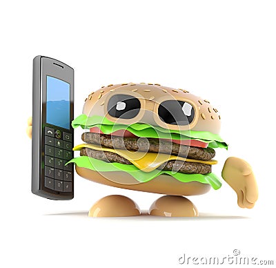 3d Burger holding a mobile phone Stock Photo