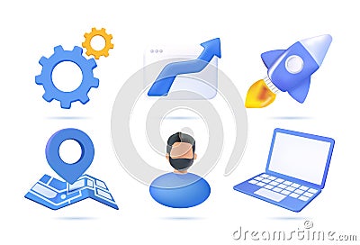 3D Business, icon set. Gear, map, laptop, businessman, rocket. 3d render vector illustration. Business and finance web Vector Illustration