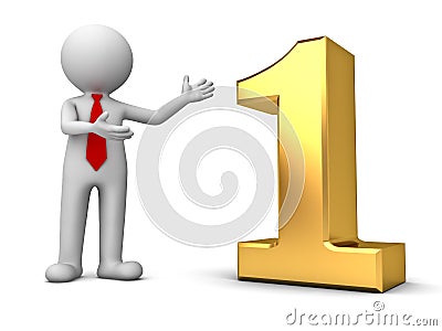 3d business man standing and presenting 3d gold number one Stock Photo