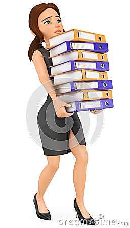 3D Business woman loading with many ring binders. Work overload Cartoon Illustration