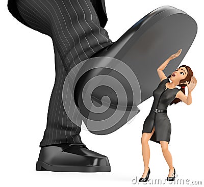 3D Business woman under a giant foot of man. Gender inequality Cartoon Illustration