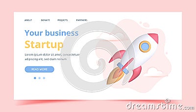 3d business startup with rocket. Innovative creative business ideas, investment and fundraising. Landing page or website Vector Illustration