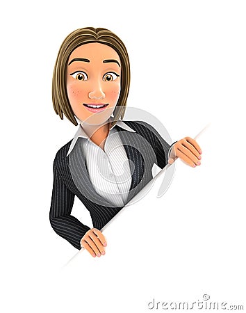 3d business woman behind diagonal wall Cartoon Illustration