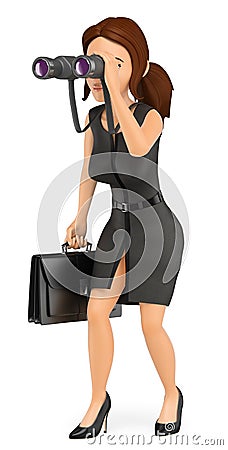 3D Business woman looking through a binoculars. Future vision Cartoon Illustration