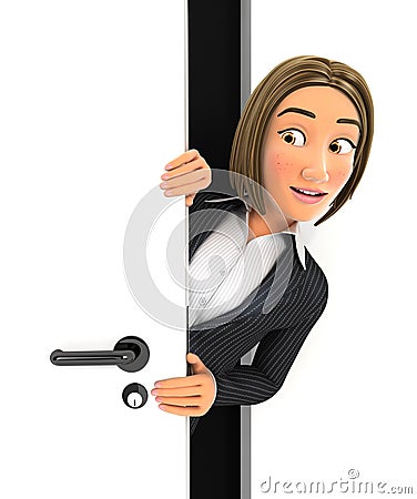 3d business woman peeking behind a door Cartoon Illustration