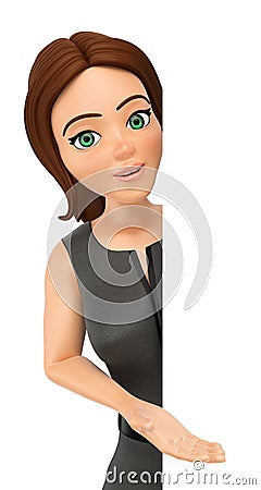 3D Business woman pointing aside. Blank Cartoon Illustration