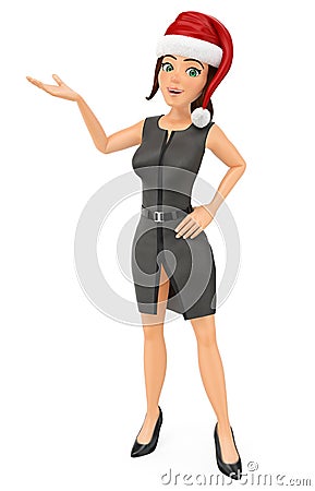 3D Business woman with santa hat pointing aside with hand Cartoon Illustration