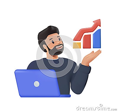 3D Businessaman holding graphic in hand global charts. Data analytics, dashboard and business finance report. 3D cartoon Vector Illustration