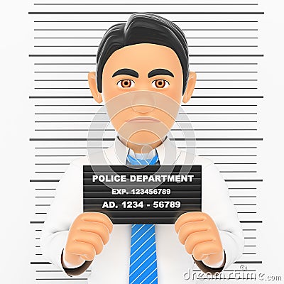 3D Businessman arrested. White collar criminal police photo Cartoon Illustration