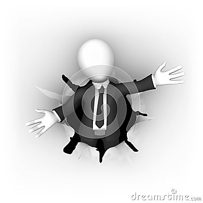 3d businessman in black suite leaving the hole in the paper in welcome pose Cartoon Illustration