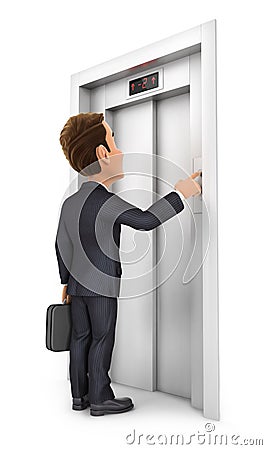 3d businessman calling the elevator Cartoon Illustration