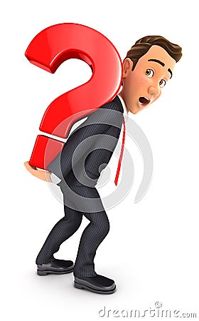 3d businessman carrying heavy question mark Cartoon Illustration