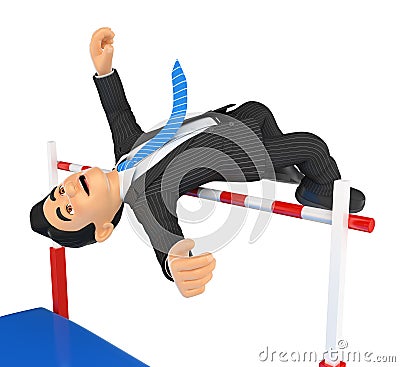 3D Businessman competing in high jump. Overcoming Cartoon Illustration