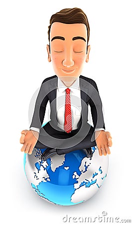 3d businessman doing yoga on top of the earth Cartoon Illustration