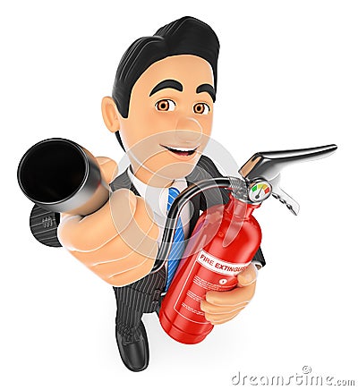 3D Businessman with a fire extinguisher. Occupational risk Stock Photo