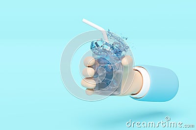 3d businessman hands holding glass with ice cubes, water splash, drinking straws, clear blue water scattered around isolated on Cartoon Illustration