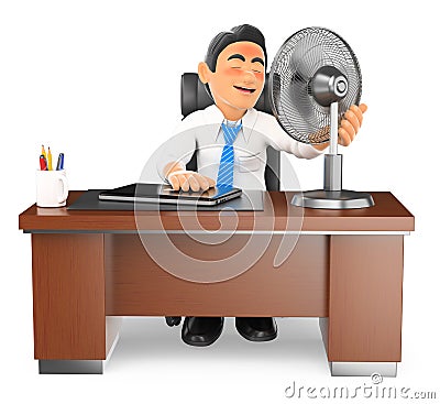 3D Businessman heated in his office with a fan Cartoon Illustration