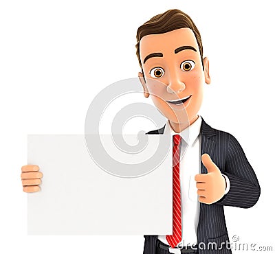 3d businessman holding placard with thumb up Cartoon Illustration