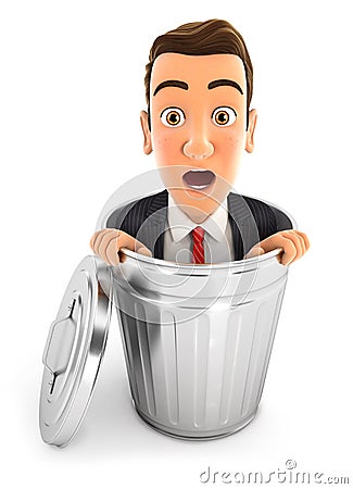 3d businessman inside trash can Cartoon Illustration