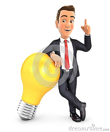 3d businessman leaning against light bulb Cartoon Illustration