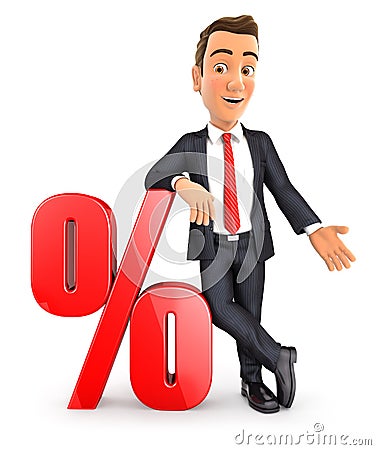 3d businessman leaning against percent sign Cartoon Illustration