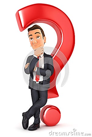 3d businessman leaning back against question mark Stock Photo