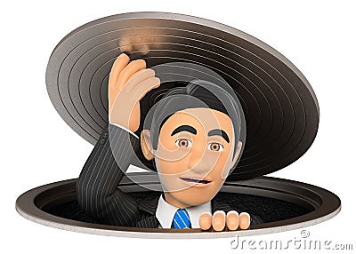 3D Businessman leaving a sewer. Business metaphor Cartoon Illustration