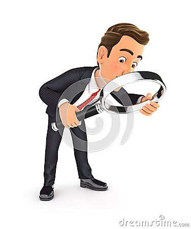 3d businessman looking floor with magnifying glass Cartoon Illustration