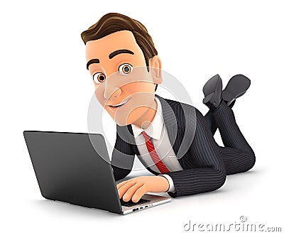 3d businessman lying on the floor and using laptop Cartoon Illustration