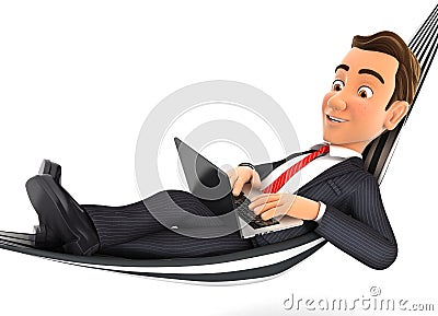 3d businessman lying in hammock and working on laptop Cartoon Illustration