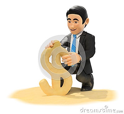 3D Businessman making dollar symbol with beach sand Cartoon Illustration