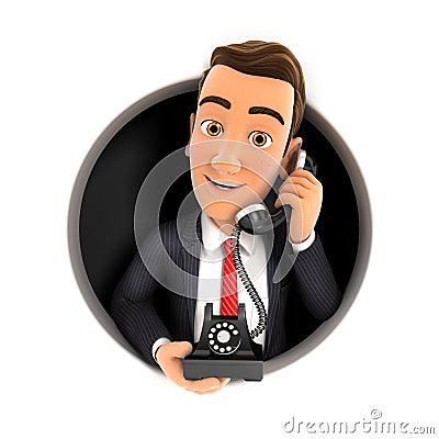 3d businessman making phone call inside circular hole Cartoon Illustration