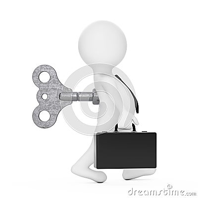 3d Businessman Person with Old Metal Windup Key in His Back. 3d Stock Photo