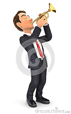 3d businessman playing trumpet Cartoon Illustration