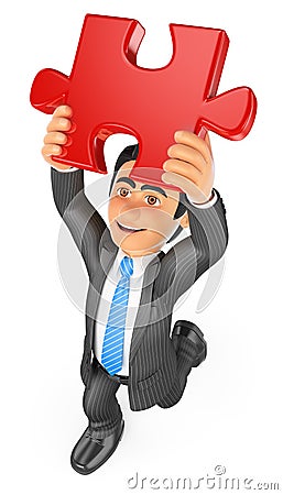 3D Businessman putting a red puzzle piece. Solution Stock Photo