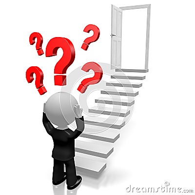 3D businessman, question marks, steps, door Stock Photo