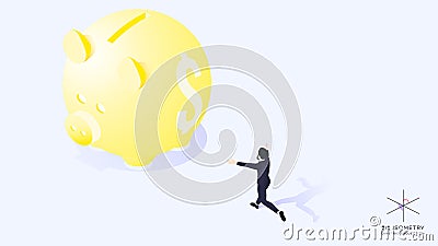 3d Businessman Runs To Yellow Moneybox. Conceptual Isometric Success Vector Illustration Vector Illustration