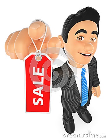 3D Businessman showing a tag with the word sale Cartoon Illustration