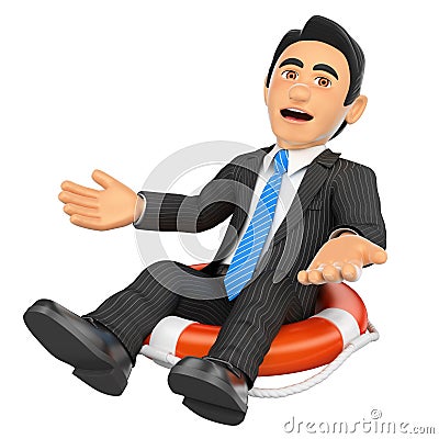 3D Businessman sitting in a lifesaver. Bankrupt company Cartoon Illustration