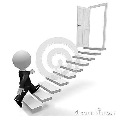 3D businessman walking up a stairs, open door Cartoon Illustration