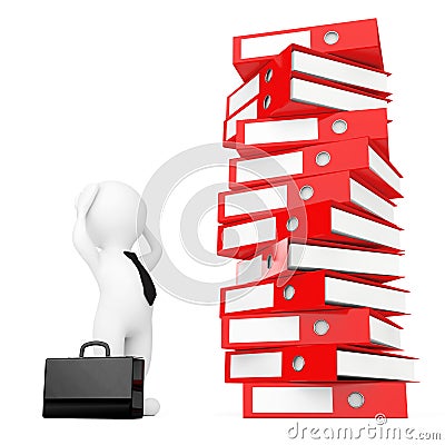 3d Businessman Stressed near Stack of Red Achive Office Binders. Stock Photo