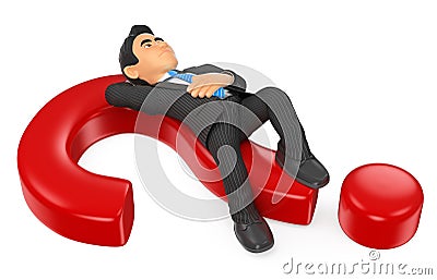 3D Businessman thoughtful lying on a question mark Cartoon Illustration