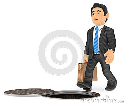 3D Businessman about to fall by an open sewer. occupational risk Cartoon Illustration