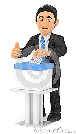 3D Businessman voting in a ballot box Cartoon Illustration