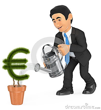 3D Businessman watering euro shaped pot plant. Growth concept Cartoon Illustration