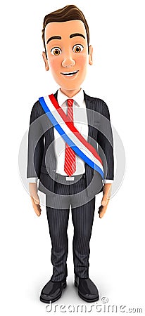 3d businessman wearing french mayoral sash Cartoon Illustration